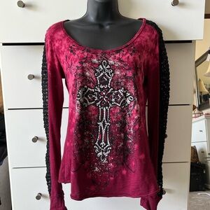 Maurices Burgundy and Black Cross Design Long Sleeve Tee